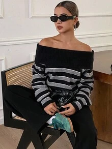 DAZY Contrast Stripe Off Shoulder Loose Long Sleeve Casual Street Knit Sweater For Women, Autumn/Winter - Black - View 5