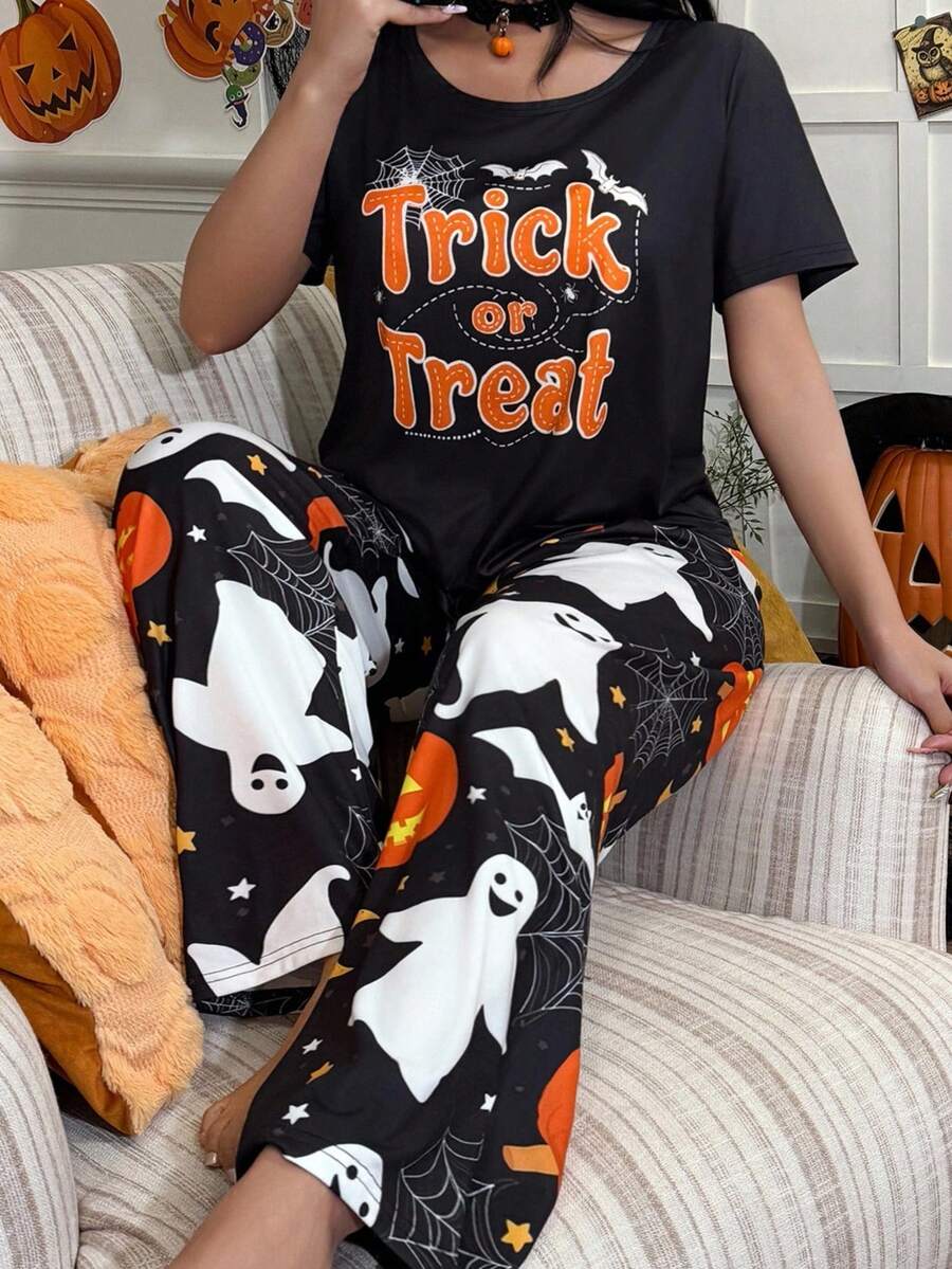 CoupledUp Women's Halloween Pumpkin, Bat, Ghost Cartoon Print Knit Short Sleeve Pajama Set - Black - View 1