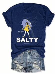 EMERY ROSE Plus Size Salty With Umbrella Graphic Tee - Vintage Style Summer Beachwear For Women, Perfect For Vacation And Everyday Wear, Ed T-Shirt