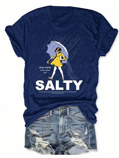 EMERY ROSE Plus Size Salty With Umbrella Graphic Tee - Vintage Style Summer Beachwear For Women, Perfect For Vacation And Everyday Wear, Ed T-Shirt