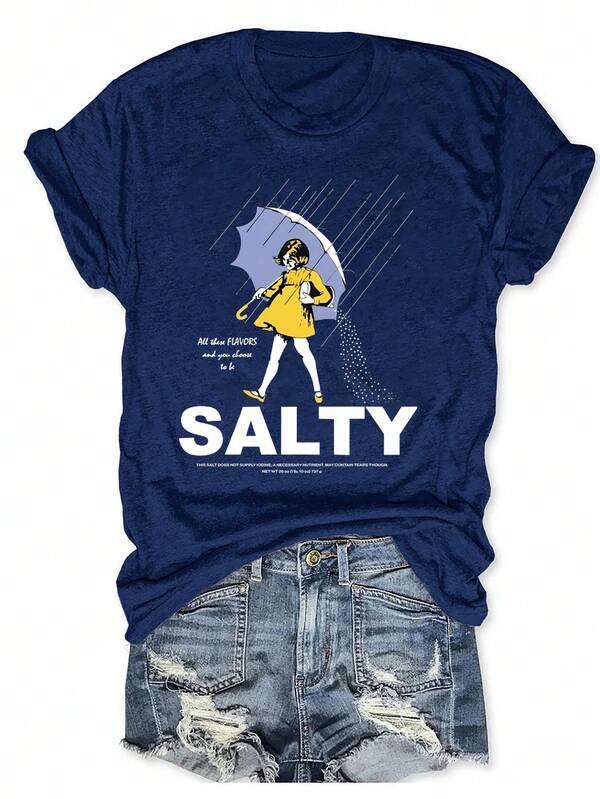 EMERY ROSE Plus Size Salty With Umbrella Graphic Tee - Vintage Style Summer Beachwear For Women, Perfect For Vacation And Everyday Wear, Ed T-Shirt