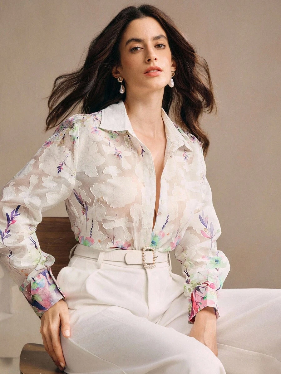 Anewsta New Fashion Floral Print Collared Single-Breasted Shirt, Spring For Women - Multicolor - View 1