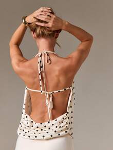 AiiRZ Blusa de satén elegante con cuello de bufanda, diseño halter sin mangas, lunares, para fiestas de noche, bodas, eventos de verano, con diseño cruzado en la espalda - Multicolor - Ver 2