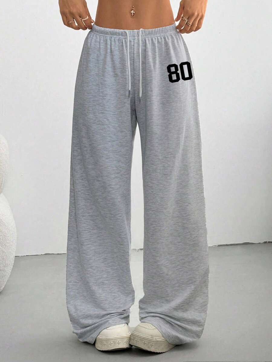 SHEIN EZwear Women's Autumn/Winter Simple Front Tie Loose Sweatpants, Casual Daily Wear, Suitable For Back To School Season, Numeric 80 Print,Fall