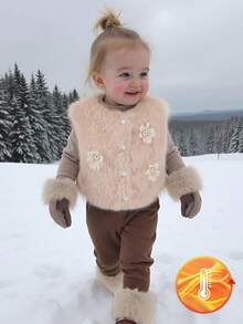 SHEIN Chaleco sin mangas con forro térmico, decorado con flores y moños, para niñas, otoño/invierno