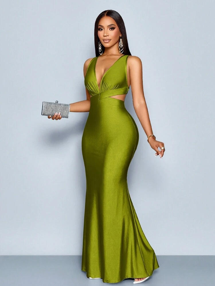 fitted fishtail maxi bridesmaid dress SOLERSUN Women's Elegant Solid Color Deep V-Neck Backless Shoulder maxi