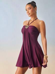 Hauture Women's Round Black Pearl Metal Decor Mini Dress - Purple - View 1