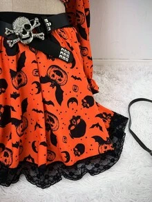 Sunspun 2 件万圣节主题泡泡袖衬衫和松紧腰撞色蕾丝裙套装 - 彩色 - 查看 6