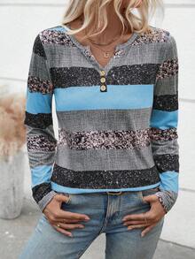 EMERY ROSE 女士休闲 V 领长袖条纹纽扣 T 恤，随机印花，秋季图案 T 恤女士春季上衣 - 彩色 - 查看 5