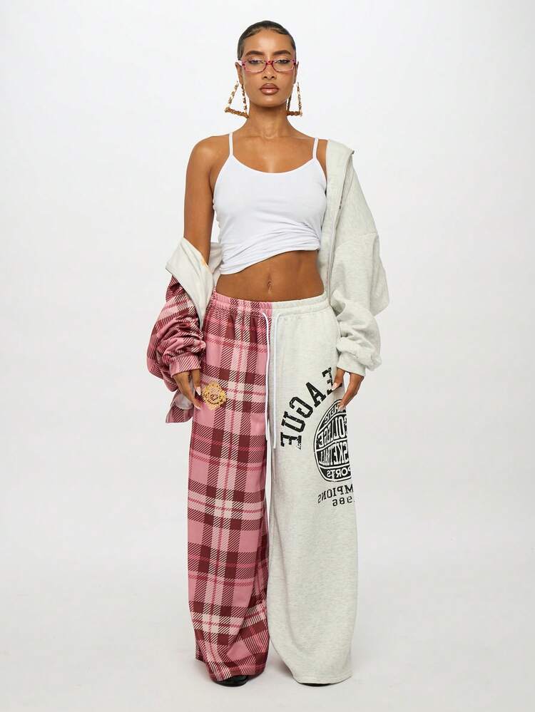 SUMWON WOMEN グラフィック入りカラーブロックチェック柄スウェットパンツ