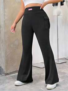 SHEIN EZwear Women Plus-Size Knitted Elastic Solid Color Flare Pants With Pocket