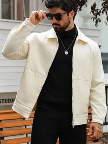Manfinity Homme Men's Solid Color Long Sleeve Zip-Up Casual Loose Jacket , Fall - White - View 5
