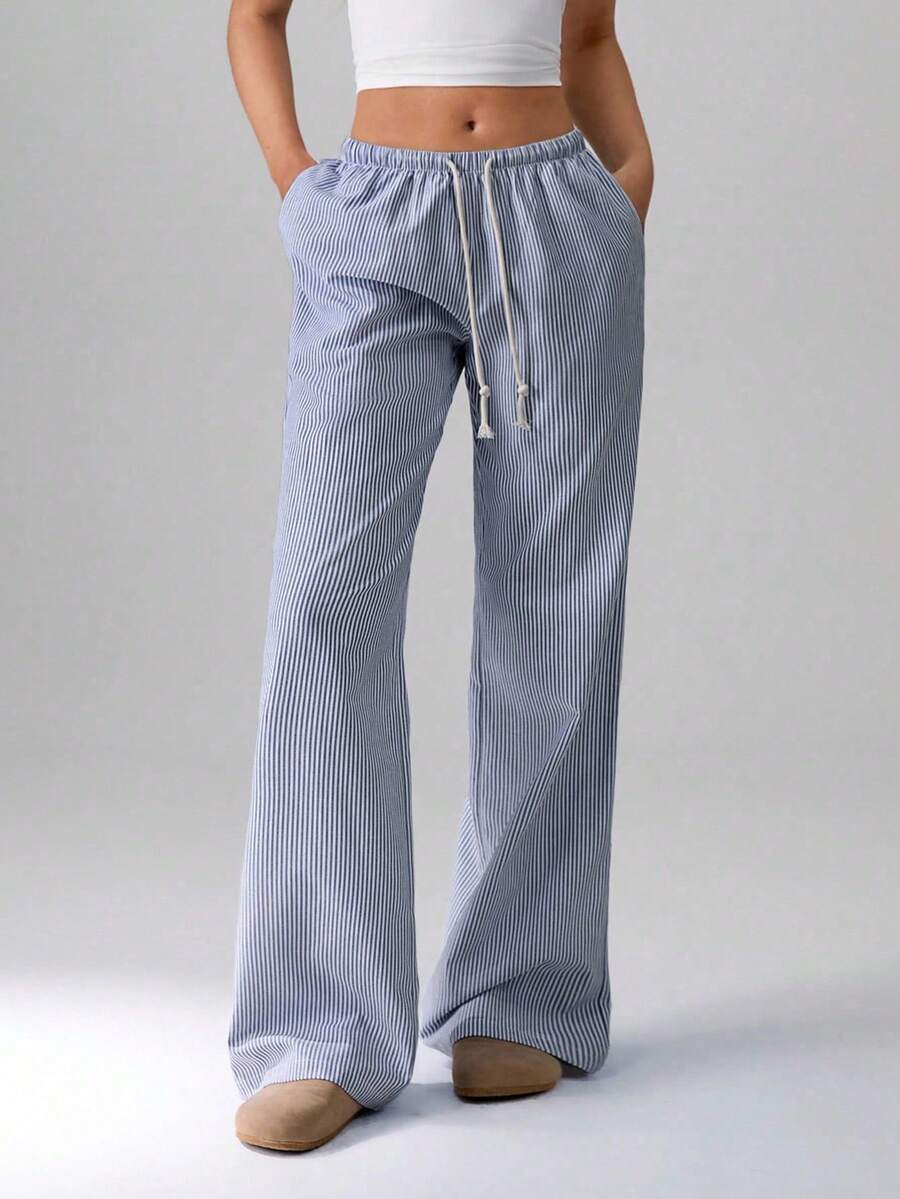 TRNVIE Quần ống đứng cạp trễ rút dây 100% cotton màu hồng, đồ mặc nhà thời trang dành cho nữ, mùa xuân - Màu xanh hải quân - Xem 1