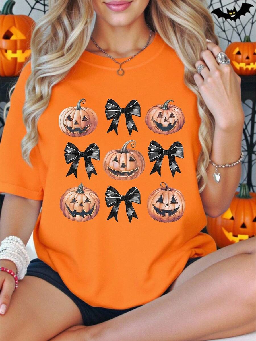 万圣节角色扮演南瓜和蝴蝶结图案印花休闲女式套头衫 - 卡其色 - 查看 1