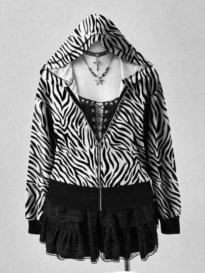 Sunspun Sunspun Plus Size Women Casual Leopard Print Ribbed Zip-Up Hoodie Sweatshirt Fall Cloth For Women Winter Autumn