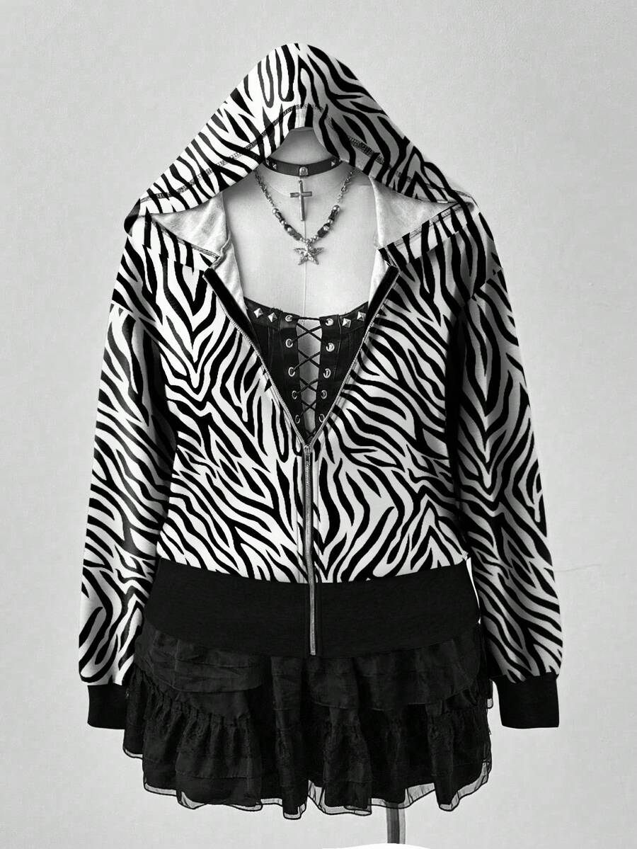 Áo khoác nỉ dáng dài có khóa kéo Sunspun dành cho nữ cỡ lớn, họa tiết da báo, chất liệu gân, thích hợp cho mùa thu đông. - Nhiều màu - Xem 1