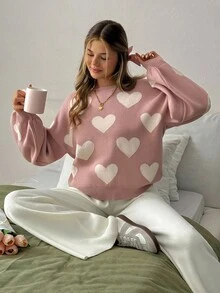 EURMUSE Damen Herzenmuster Rundhals Lässig Langarm Pullover und Strickjacke Hose 2-teiliges Set