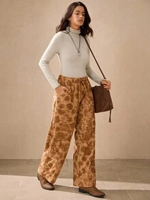 Wildy Vintage Straight Leg Casual Pants, American Western Country Style, New Arrival For Autumn Floral Print Pants Bohemian Pants Wide Leg Pants Corduroy Pants - Brown - View 3