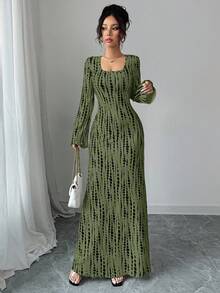 Elenzga Urban Chic Animal Print Square Neck Flare Sleeve Cinched Waist Regular Fit Autumn/Winter Maxi Dress For Women