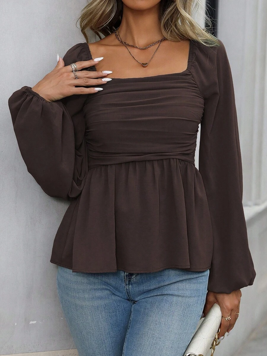 EMERY ROSE Women's Solid Color Square Neck Lantern Sleeve Ruffle Hem Fashionable Blouse - Chocolate Brown - View 1