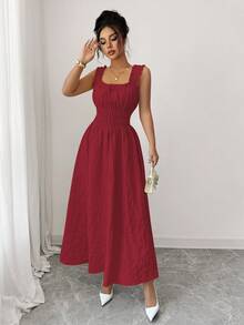 Elenzga 全新女式编织纹理花卉面料细肩带蝴蝶结设计腰部 A 字型时尚百搭优雅精致淑女连衣裙 - 酒紅色 - 查看 5