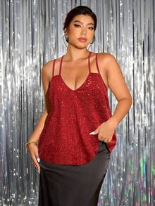 Cravure 加大码女式亮片优雅吊带背心舞会 - 紅色 - 查看 3