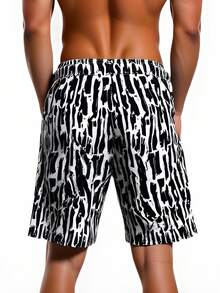 Manfinity KASUA Men's Drawstring Waist Allover Print Pocket Stylish Beach Shorts Men Swim Trunks - Black and White - View 2