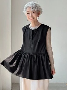 FRIFUL Women's Sleeveless Shirt With Ruffle Hem Patchwork, Loose Solid Color Blouse - Black - View 3