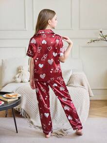 少女心印花缎面睡衣套装 - 紅白色 - 查看 2