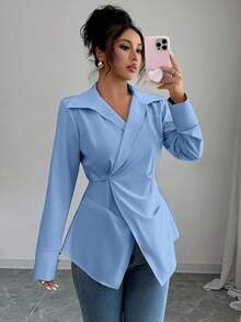 Elenzga Women's Solid Color Crossed Wrap Front Long Sleeve Casual Versatile Shirt - Blue - View 3