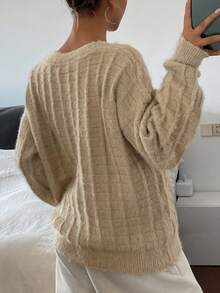 Women's Solid Color Drop Shoulder Long Sleeve Single-Breasted Casual Loose Cardigan, Autumn/Winter Jacket - Khaki - View 2