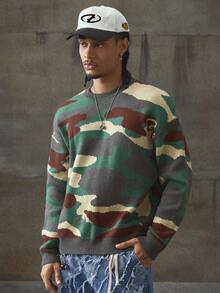 AXEPEAK Men's Casual Camouflage Pattern Round Neck Drop Shoulder Long Sleeve Sweater, Autumn, For Fall Winter - Multicolor - View 5