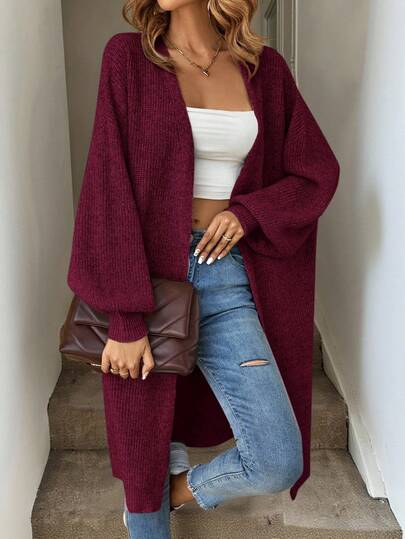 Easowa Damski, jednokolorowy, luźny, długi, dzianinowy kardigan w stylu casual, z rękawami typu latarnia, na jesień/zimę