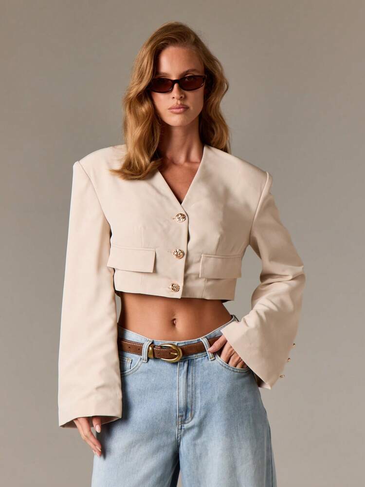 Cropped Structured Blazer With Gold Buttons