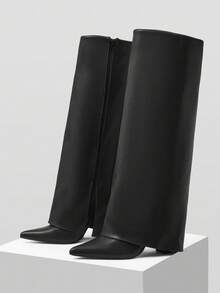 MOTF 全新欧美时尚人造毛皮细高跟女靴，中筒/及膝 - 黑色 - 查看 4