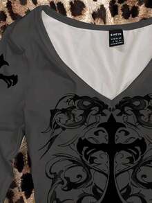 Attitoon 女式 V 领休闲简约十字图案修身长袖 T 恤，适合机场穿着 - 白色 - 查看 4