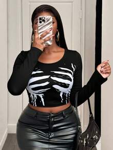 BamGleam Black And White Personalized Elegant Striped Finger Print Long Sleeved T-Shirt Fall Cloth For Women