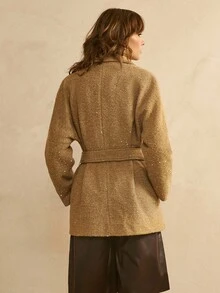 SHEIN LUNE Women's Sequined H-Shaped Lapel Waist Tie Design Single-Breasted Metal Decoration Overcoat Daily Commuting Fall Business Casual Western Wear - Brown - View 3
