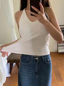 DAZY Hong Kong Style U-Neck Spaghetti Strap Camisole, Fitted Sleeveless Crop Top For Women Going Out Tops - White - View 4
