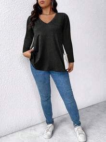 EMERY ROSE Plus Size Solid V-Neck Long Sleeve Casual T-Shirt For Spring - Dark Grey - View 5