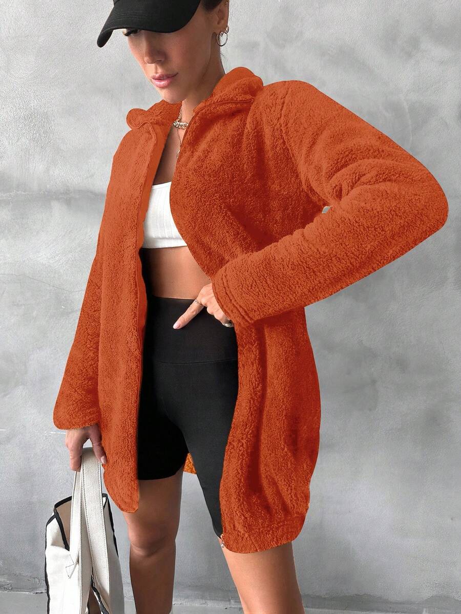 RueChic Solid Zip Up Teddy Jacket - Orange - View 1