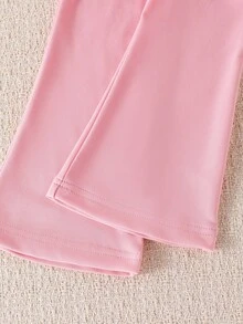 2 Stücke/Set Mädchen (klein) Gestrickte strukturierte gestreifte langärmelige rosa Schlaghose & Schleife T-Shirt Set, bequemer, lässiger, süßer Outfit für den Herbst