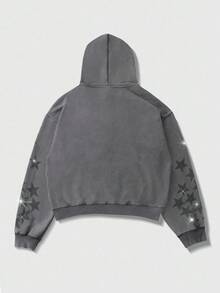 ROMWE MEN Street Life Men's Distressed Rhinestone Star Graphic Hoodie Sweatshirt, Loose Cropped Fit, Fall - Light Grey - View 3