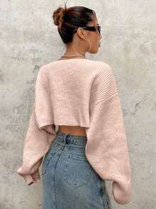 EURMUSE Y2K Grunge Drop Shoulder Open Front Crop Cardigan Without Tube Top - Coral Pink - View 8