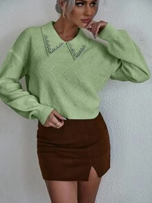 EMERY ROSE 女士时尚休闲水钻落肩长袖套头毛衣 - 綠色 - 查看 4