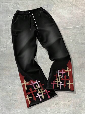 Prep Pantalones de chándal casuales y holgados con cordón en la cintura y estampado de cruz para hombres