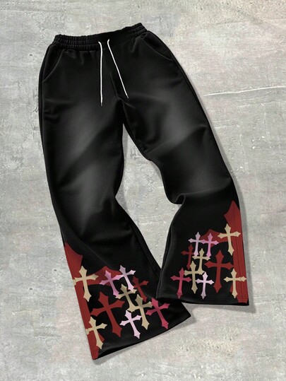 Prep Pantalon de survêtement ample décontracté avec taille à cordon de serrage et imprimé croix pour hommes