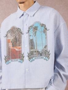 SUMWON Áo sơ mi kẻ sọc in họa tiết cửa sổ Gothic dáng crop fit tay dài, chất liệu cotton pha trộn cỡ lớn, phong cách đường phố giản dị, thu đông, thiết kế tối giản, unisex, lấy cảm hứng từ kiến trúc Pháp cổ điển - Màu xanh lam - Xem 4