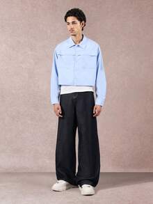 SUMWON 纽扣短款衬衫，带贴袋，长袖，轻薄透气，适合春秋季休闲商务工作穿着，纯色款 - 淺藍色 - 查看 7