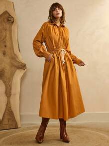Arave Women's Burnt Orange Cotton Shirt-Style Long Dress,Elegant Autumn Everyday Waist Drawstring Pleated Lapel Lantern Sleeves X-Shaped Commuter Clothes - Orange - View 7